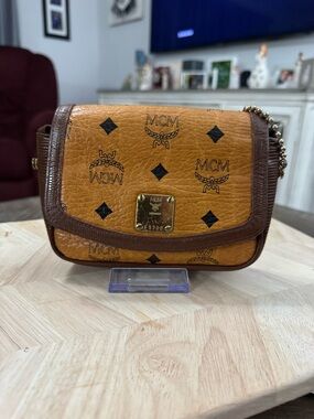MCM Cognac and Brown Visetos Logo Crossbody Bag